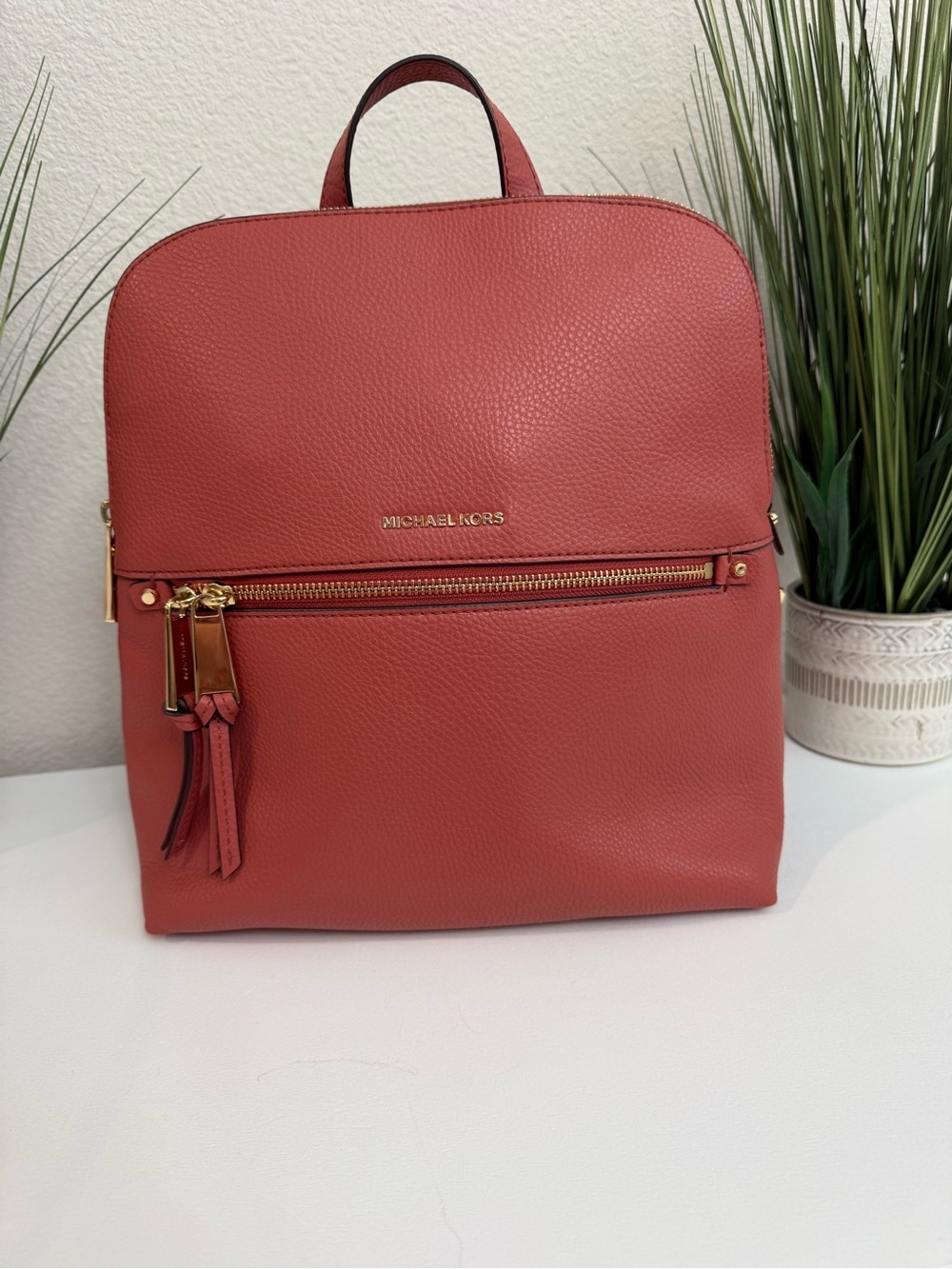 Michael Kors Coral Pebbled Leather Backpack with Gold Hardware